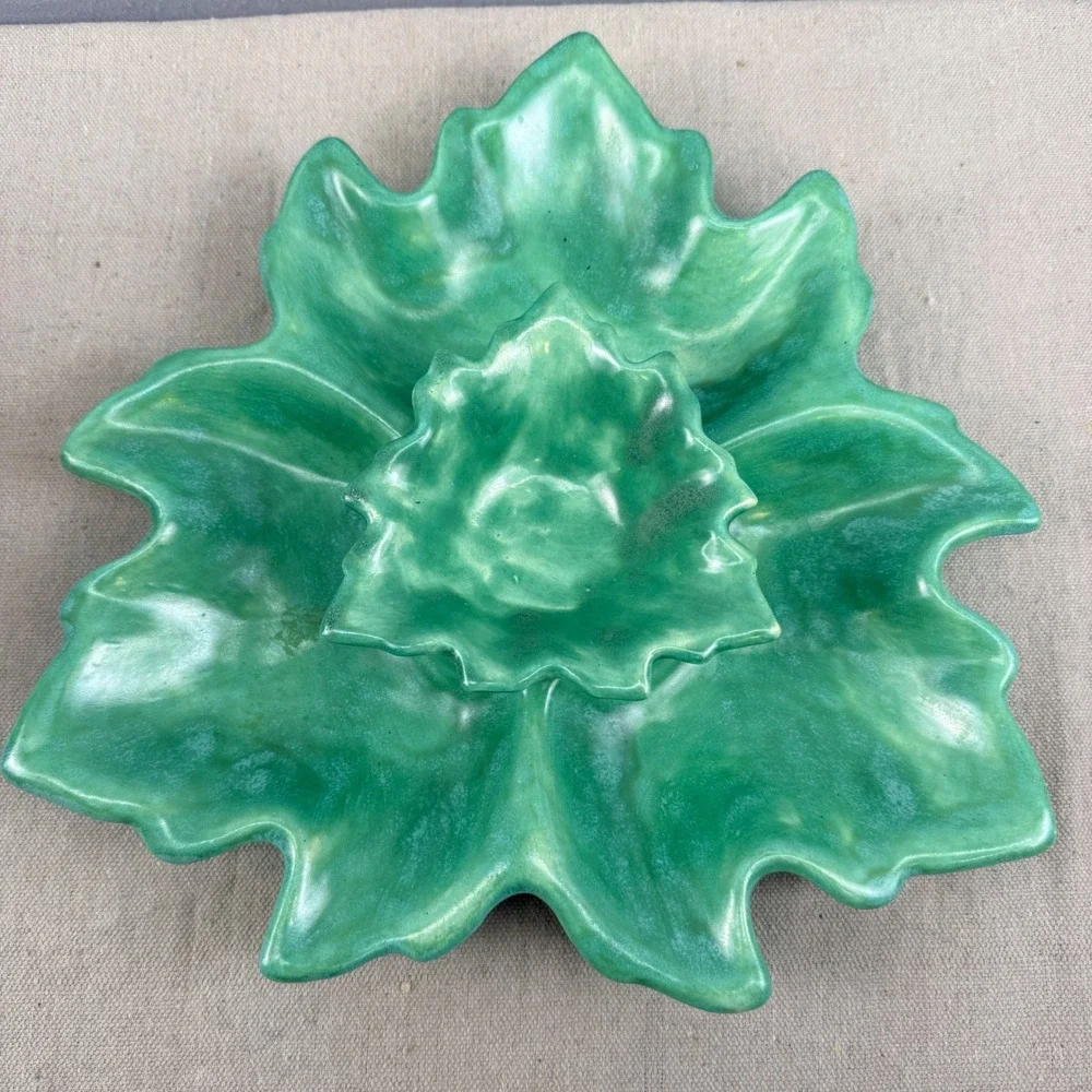 Vintage Green Leaf Chip and Dip‎ Set Signed GJS Studio Pottery Mid Century Style